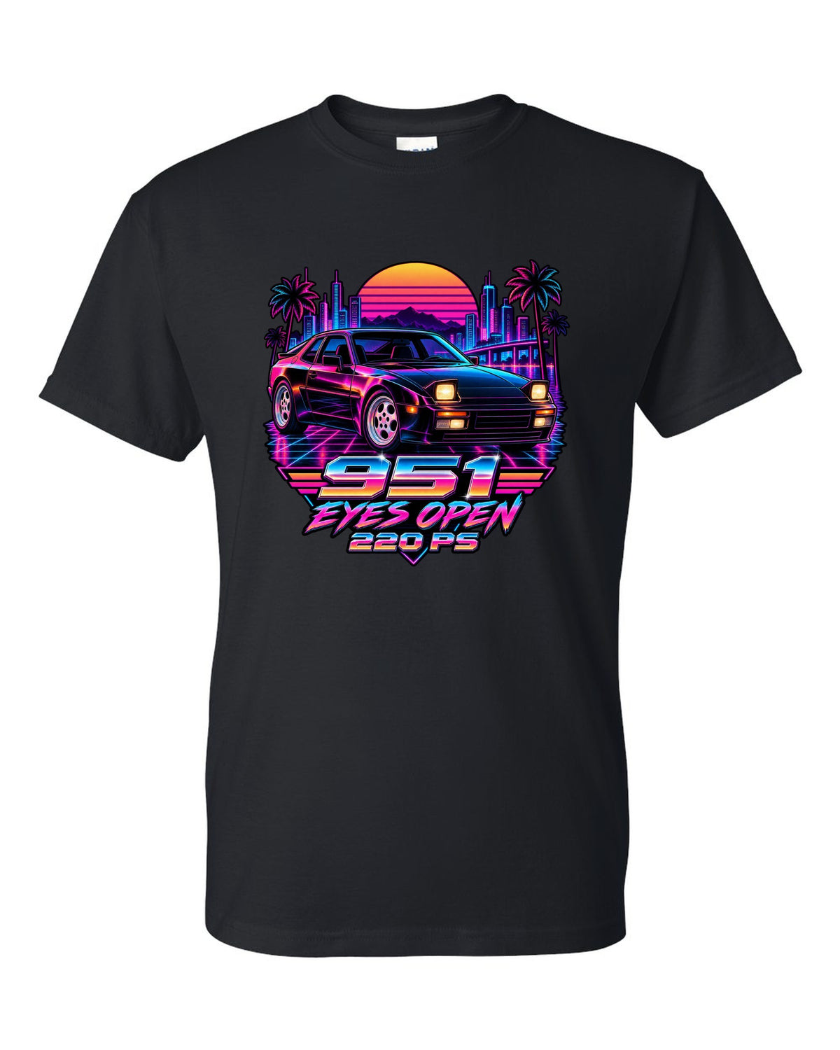 Synthwave neon Porsche 944 Turbo 951 with pop-up headlights open black t-shirt front view with the design