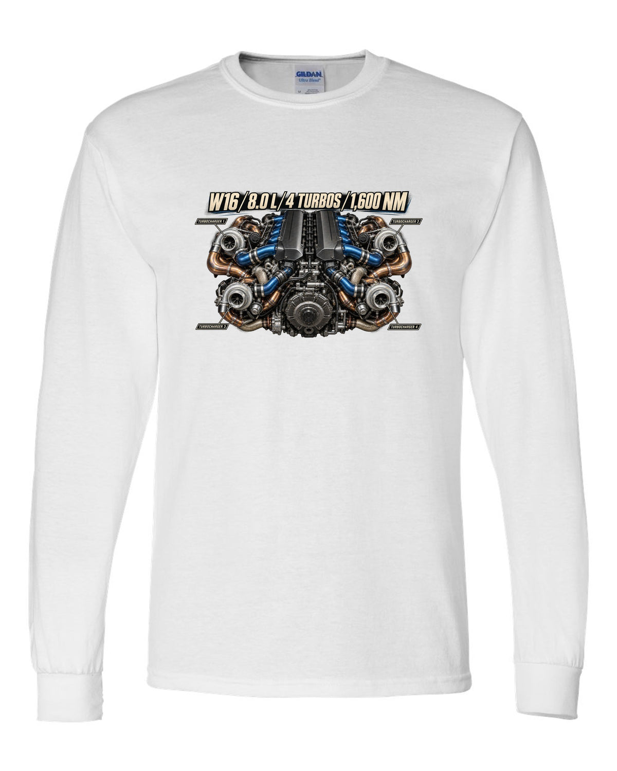 Bugatti W16 8.0 litre quad-turbo engine poster print white long sleeve front view with the design
