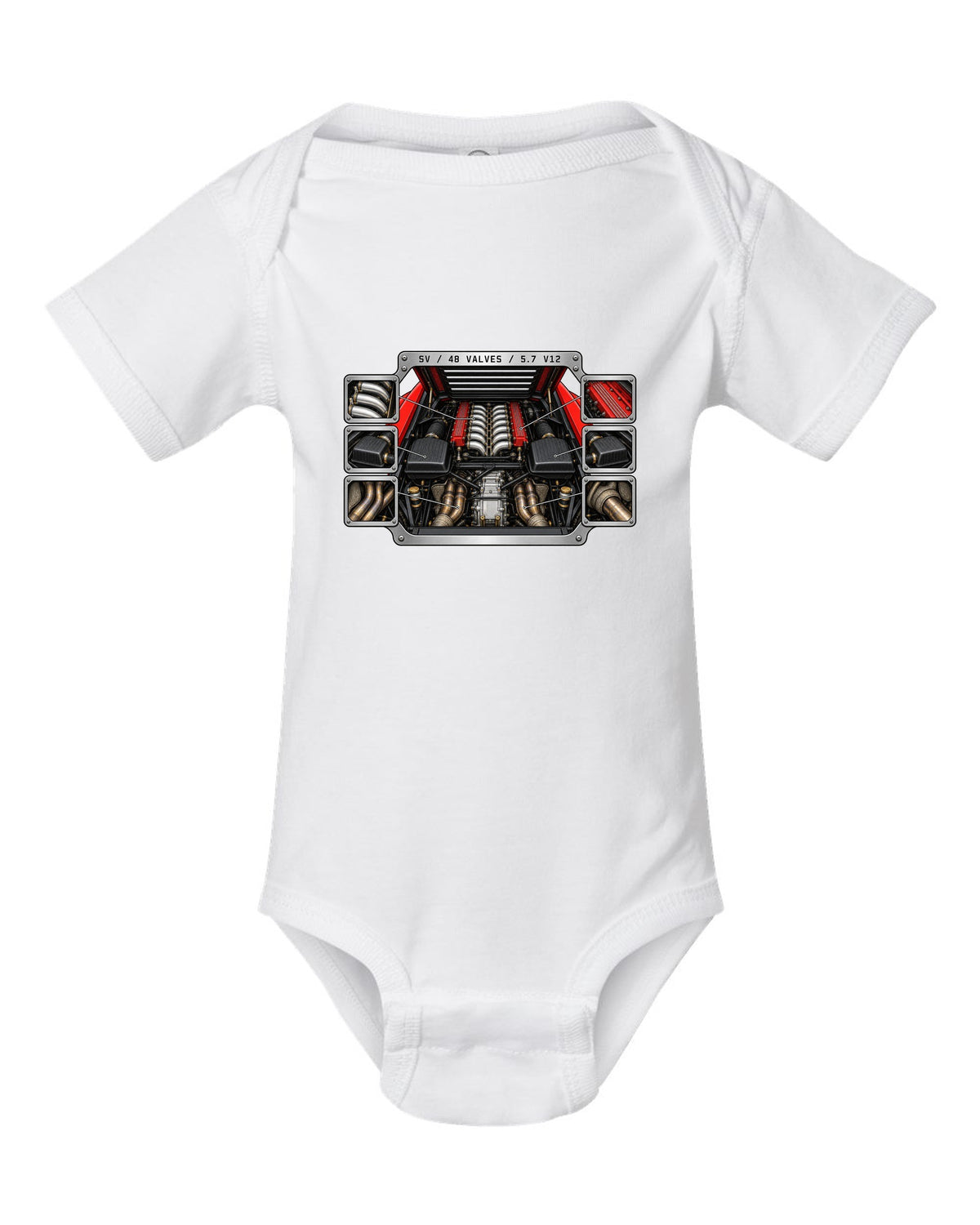 Spec-sheet data plate for a 1995 Lamborghini Diablo SV with 48 valves and 5.7 V12 white baby onesie front view with the design