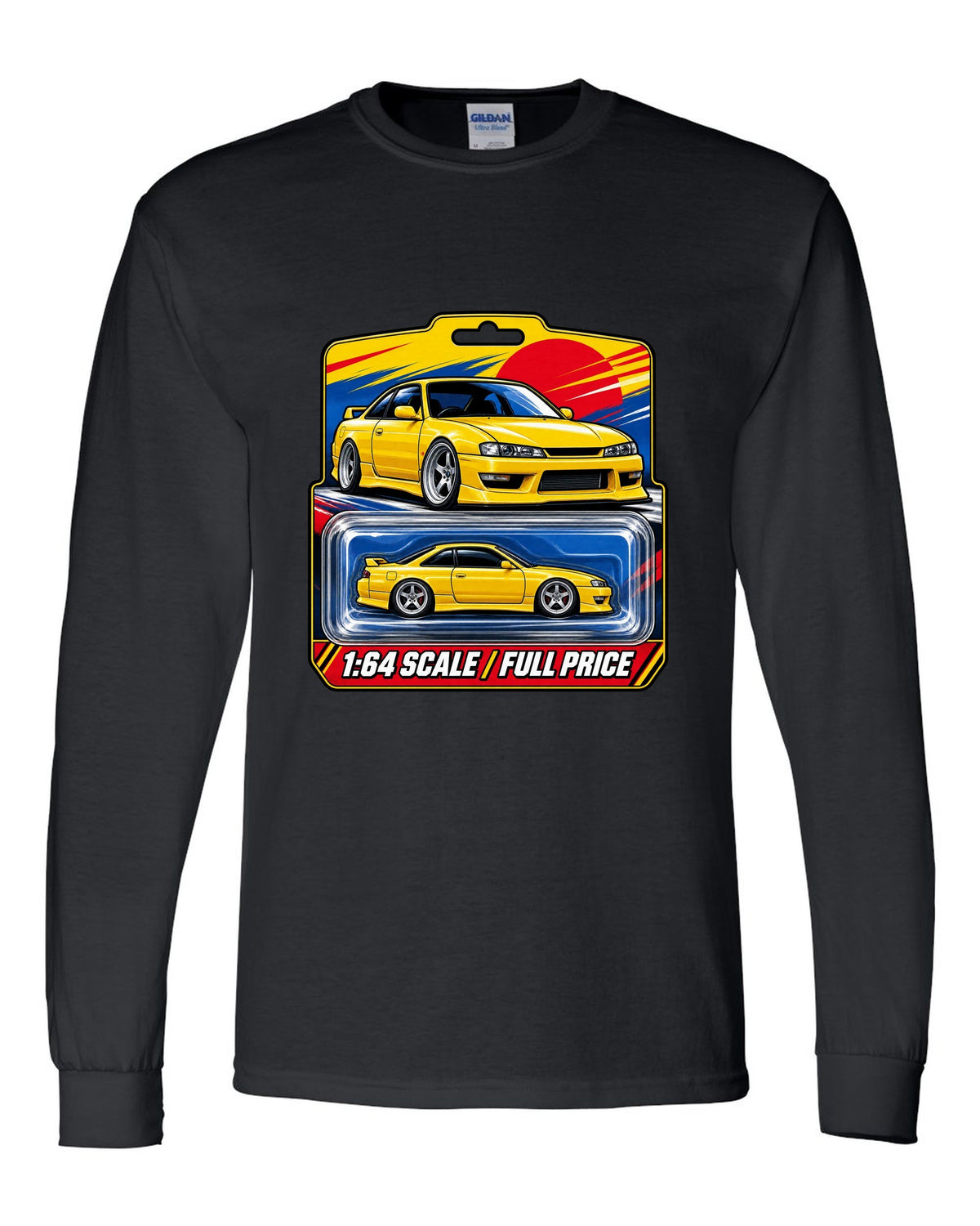 Toy blister card layout print of a Nissan Silvia S14 with 1:64 scale full price text black long sleeve front view with the design