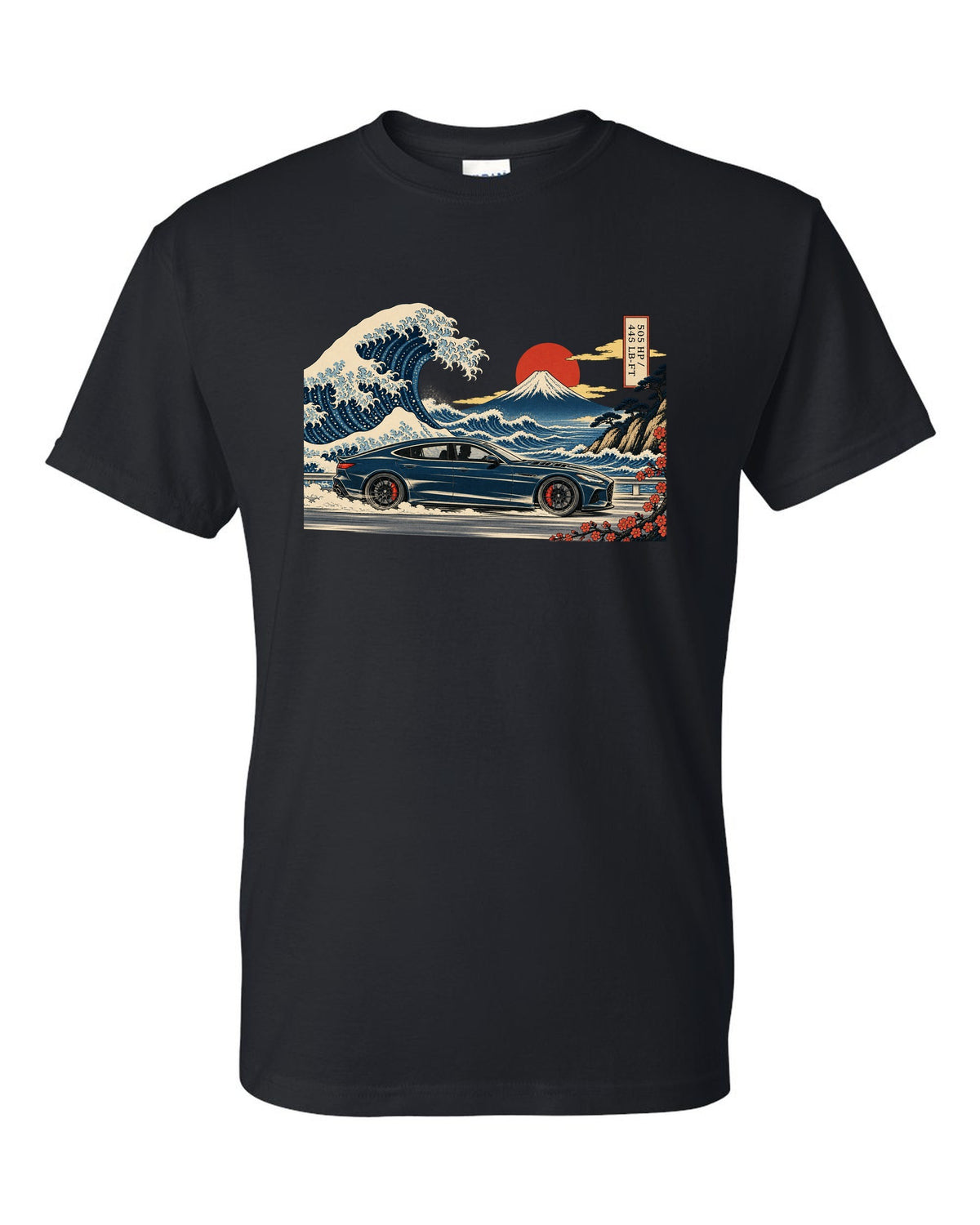 Ukiyo-e woodblock wave illustration of an Alfa Romeo Giulia Quadrifoglio with 505 HP and 443 lb-ft black t-shirt front view with the design