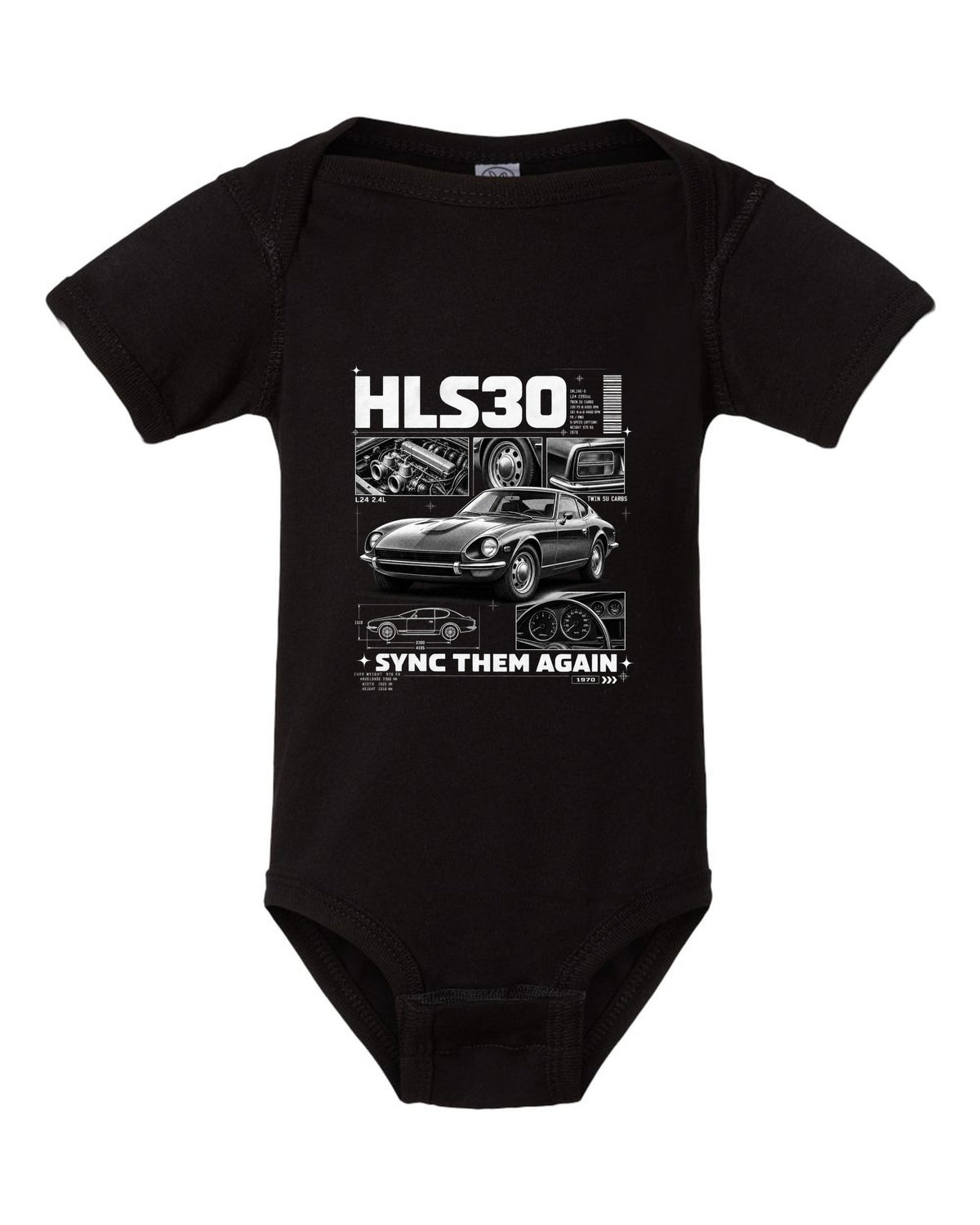 Dossier panel print of a 1970 Datsun 240Z HLS30 with L24 and twin SU carbs text black baby onesie front view with the design