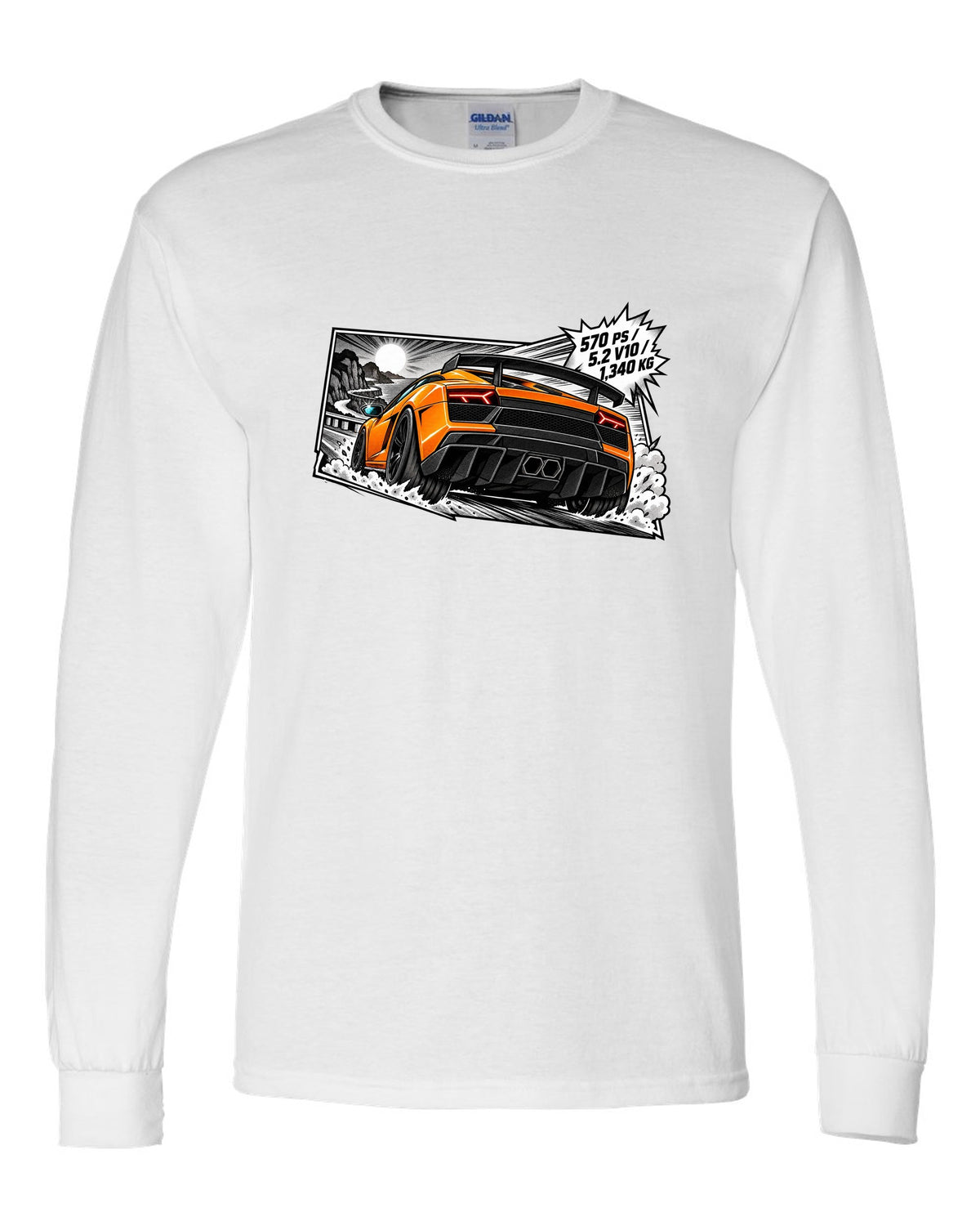 Retro manga halftone panel of a Lamborghini Gallardo LP570-4 Superleggera with spec text white long sleeve front view with the design