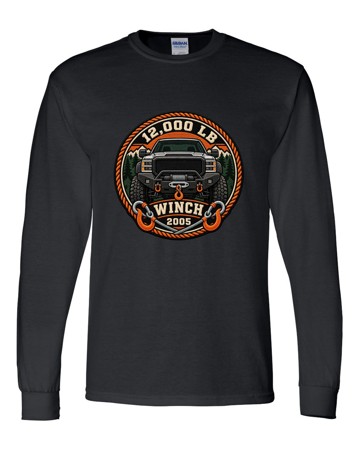 Varsity crest print of a Ram Power Wagon 2500 winch bumper with 12,000 LB winch 2005 text black long sleeve front view with the design