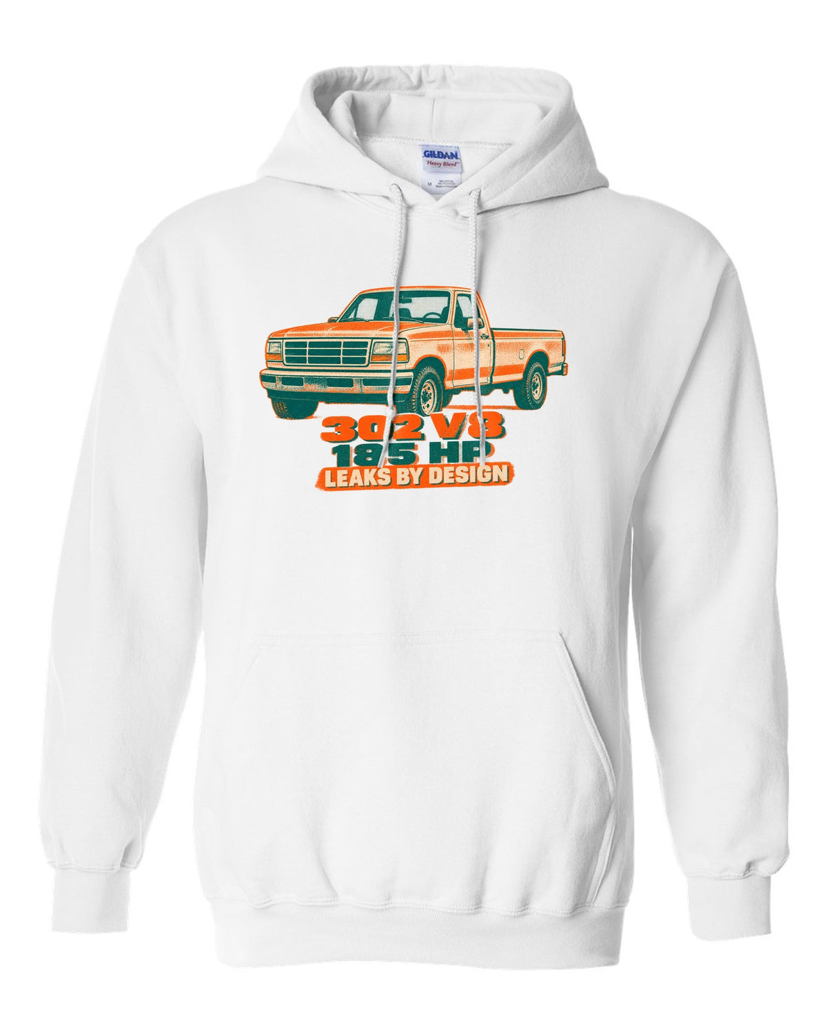 Risograph-style art of a 1992-97 Ford F-150 OBS tailgate in mud with 302 V8 185 HP lettering white pull over hoodie front view with the design