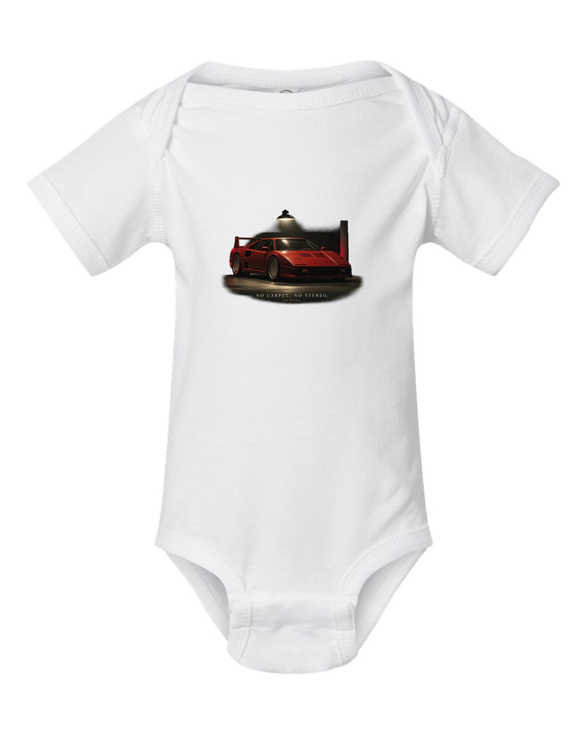 Ferrari F40 1987 front three-quarter at night, print: no carpet, no stereo, no notes white baby onesie front view with the design