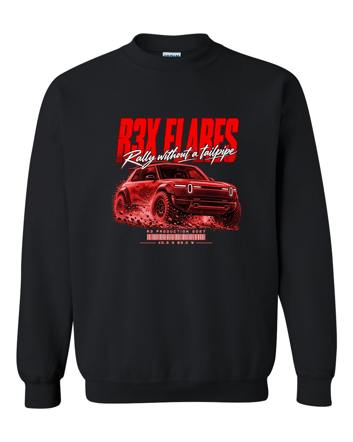 Rally street poster print of a 2027 Rivian R3X with flared arches black crewneck front view with the design
