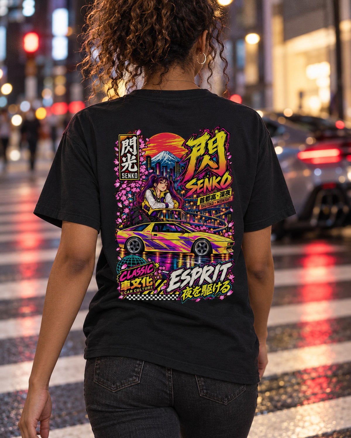 SENKO ESPRIT Anime Girl Full-Back Graphic Tee T-Shirt Black worn hero