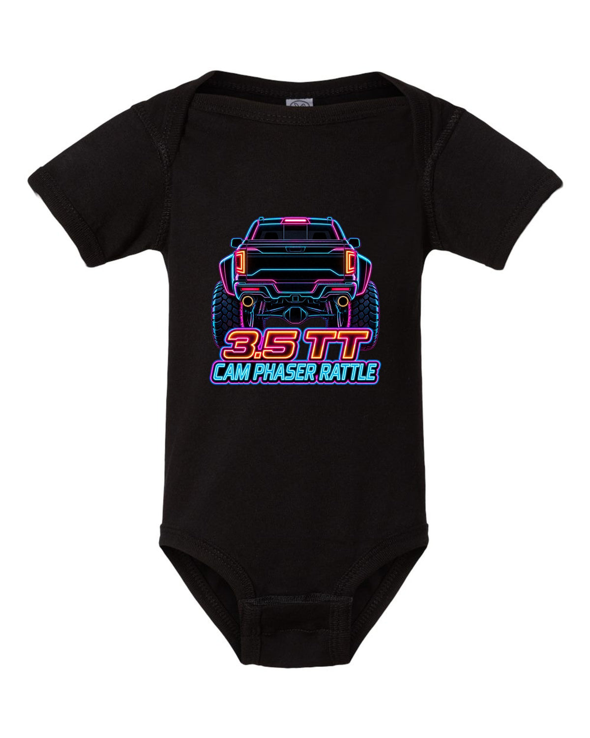 Neon outline print of a 2017-2020 Ford F-150 Raptor Gen 2 P552 taillights on black black baby onesie front view with the design