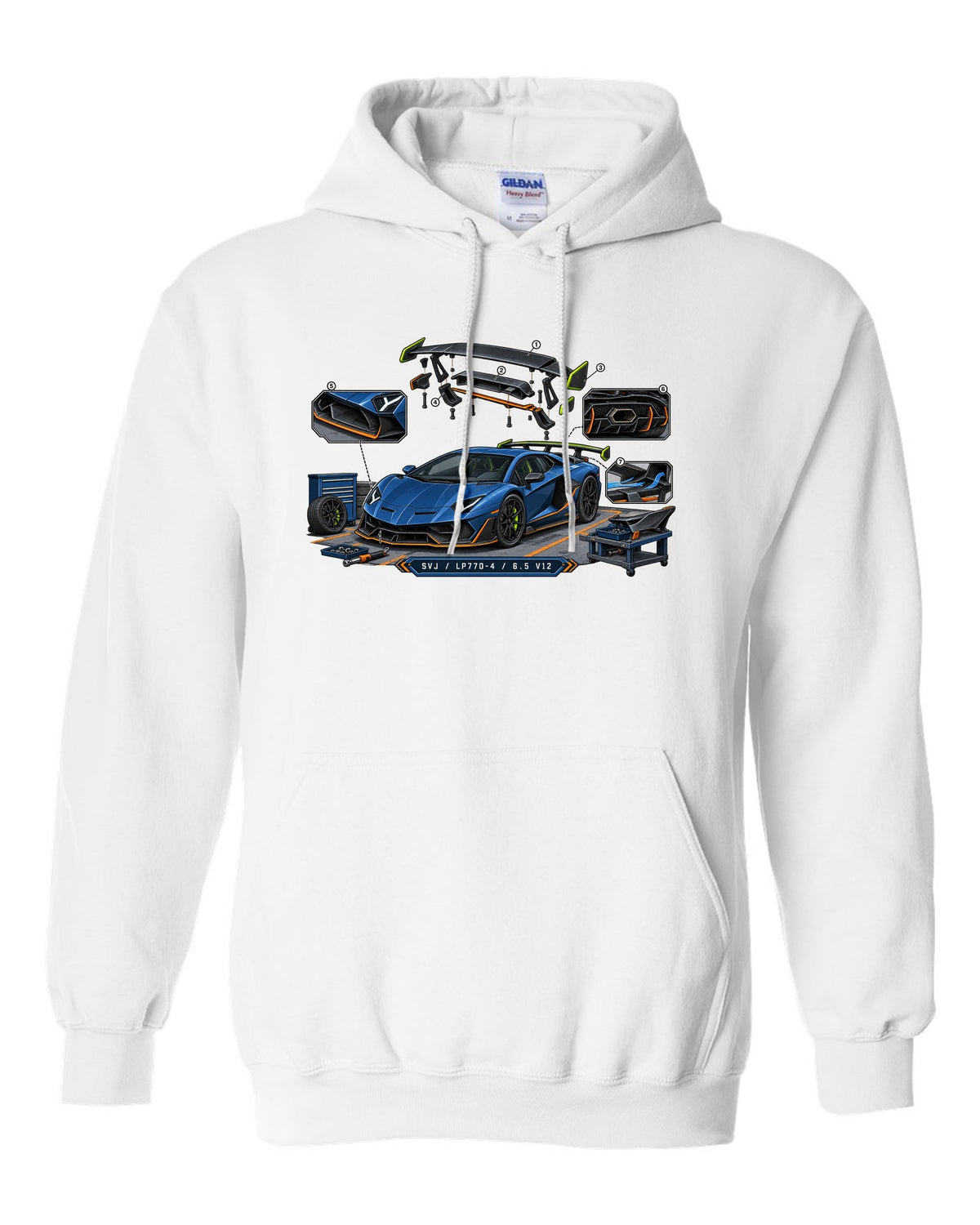 Isometric exploded-view engineering drawing of a Lamborghini Aventador SVJ LP770-4 with V12 text white pull over hoodie front view with the design