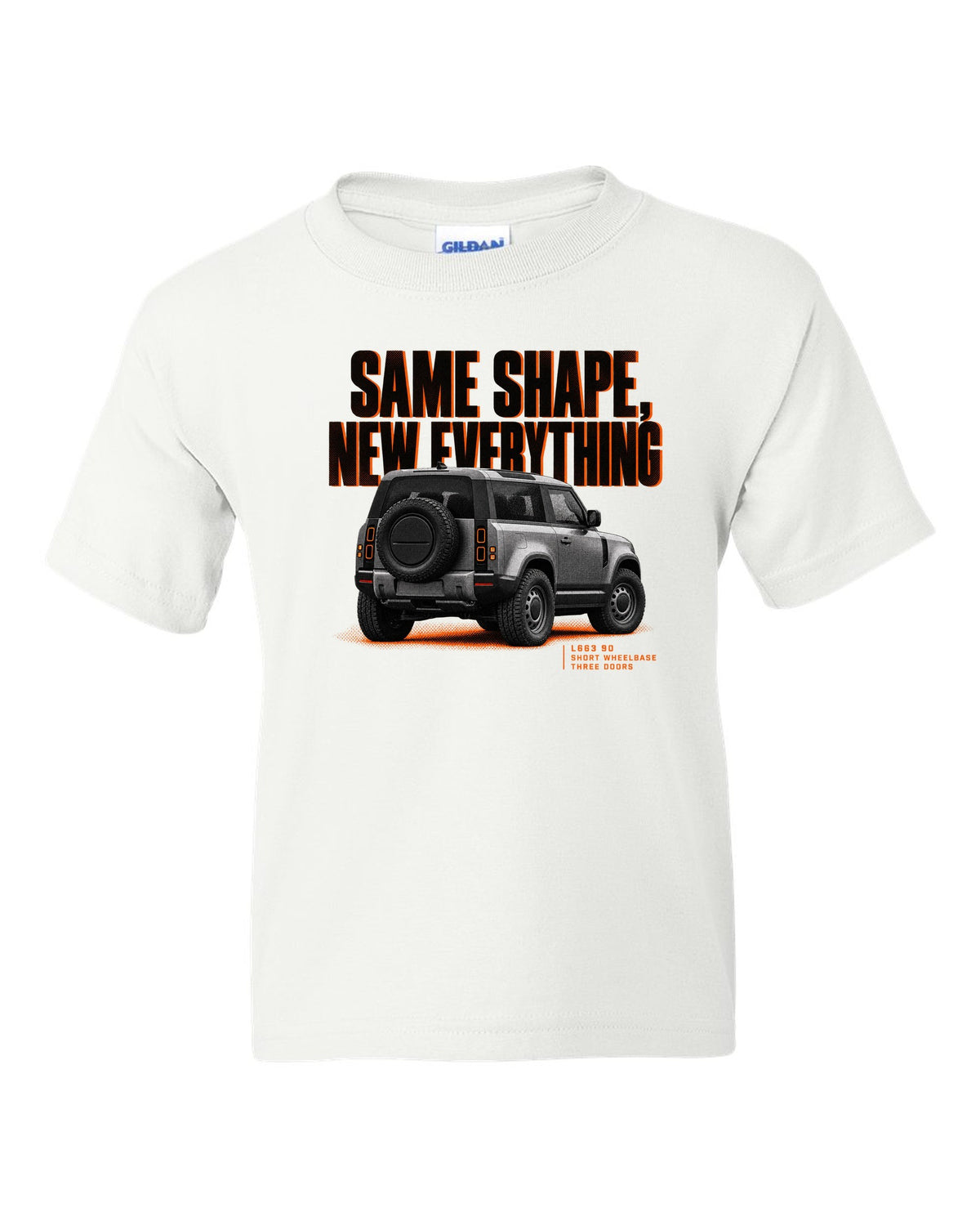 Land Rover Defender L663 90 halftone print with same shape new everything text white kids tee front view with the design