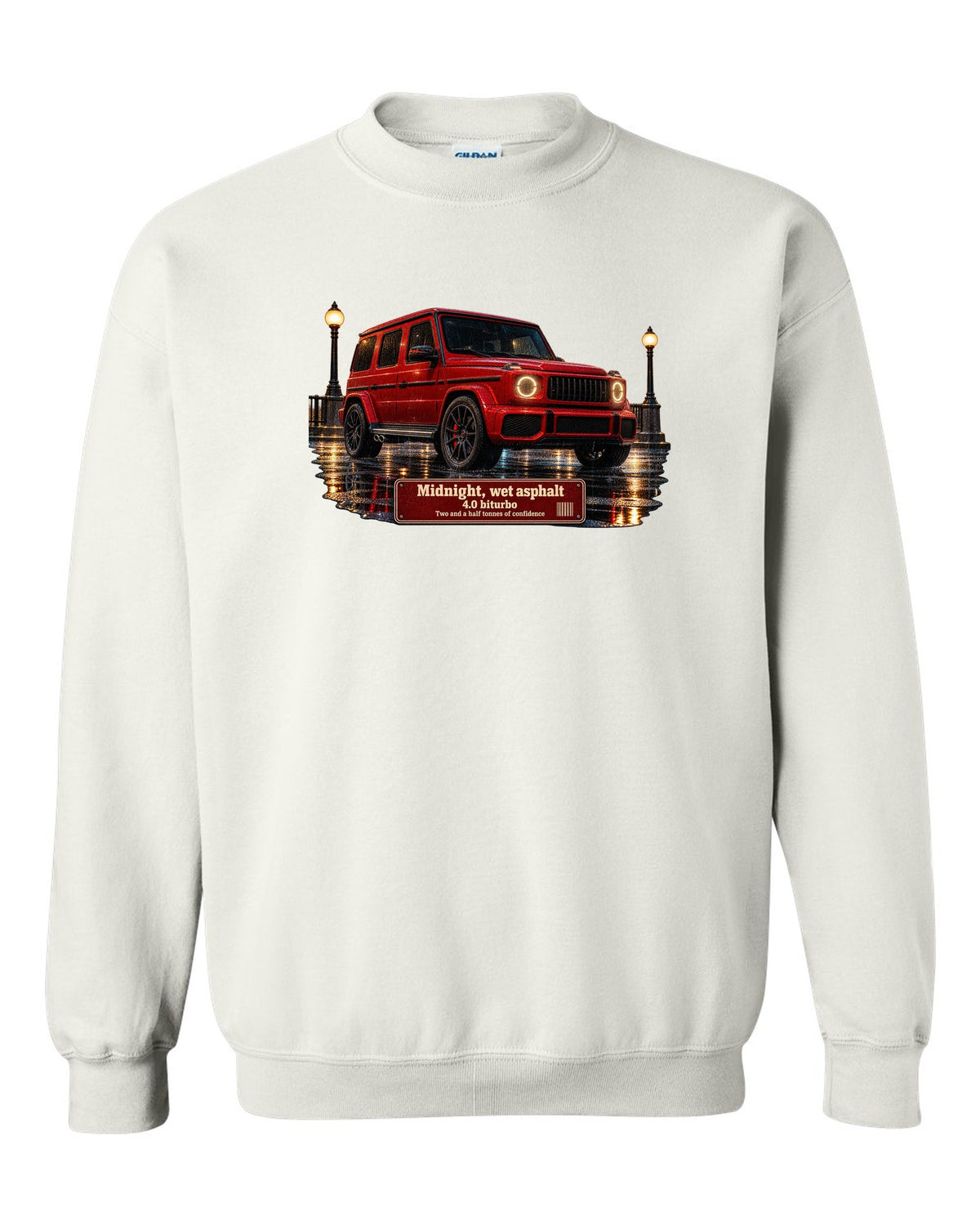 Night street print of a Mercedes-AMG G63 W463A on wet asphalt white crewneck front view with the design