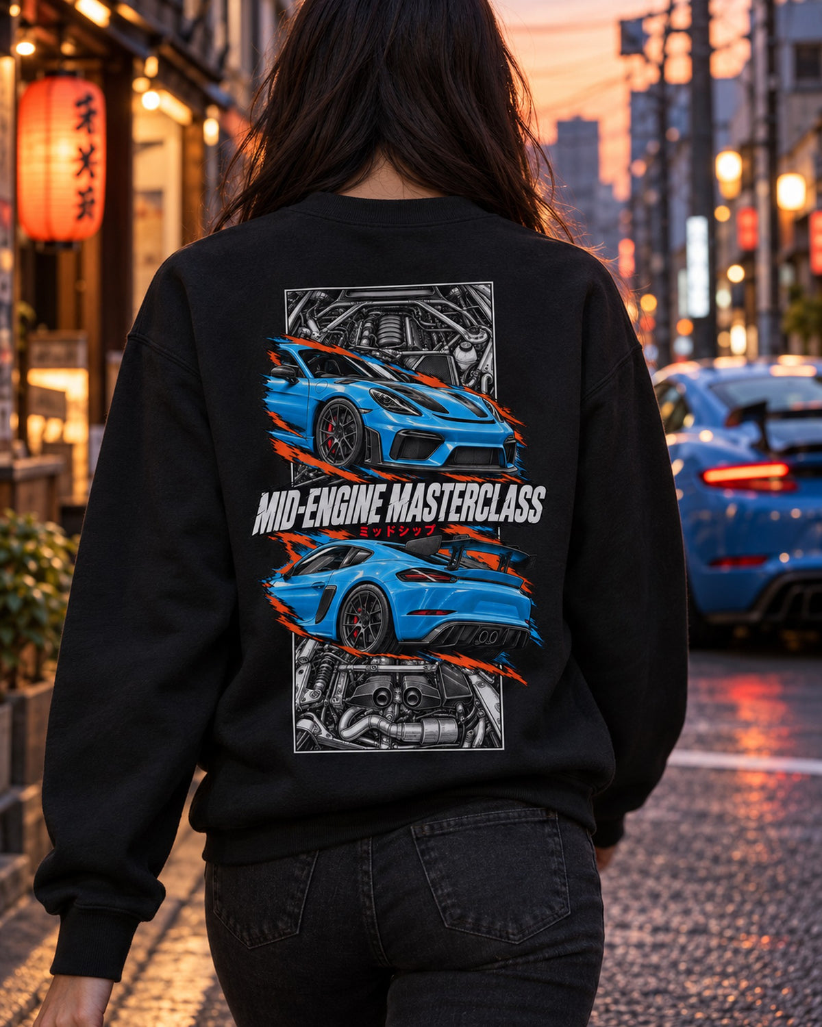 Porsche 718 Gt4 Torn Poster Full-Back Graphic Tee Crewneck Black worn hero