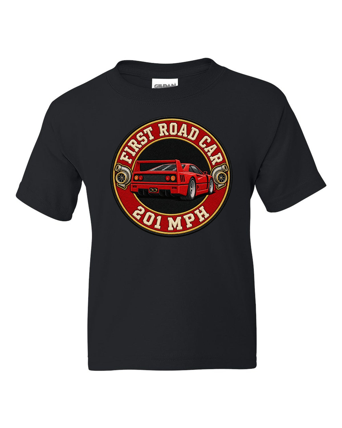 Embroidery-style varsity roundel of a 1987 Ferrari F40 F120 with first road car 201 MPH text black kids tee front view with the design