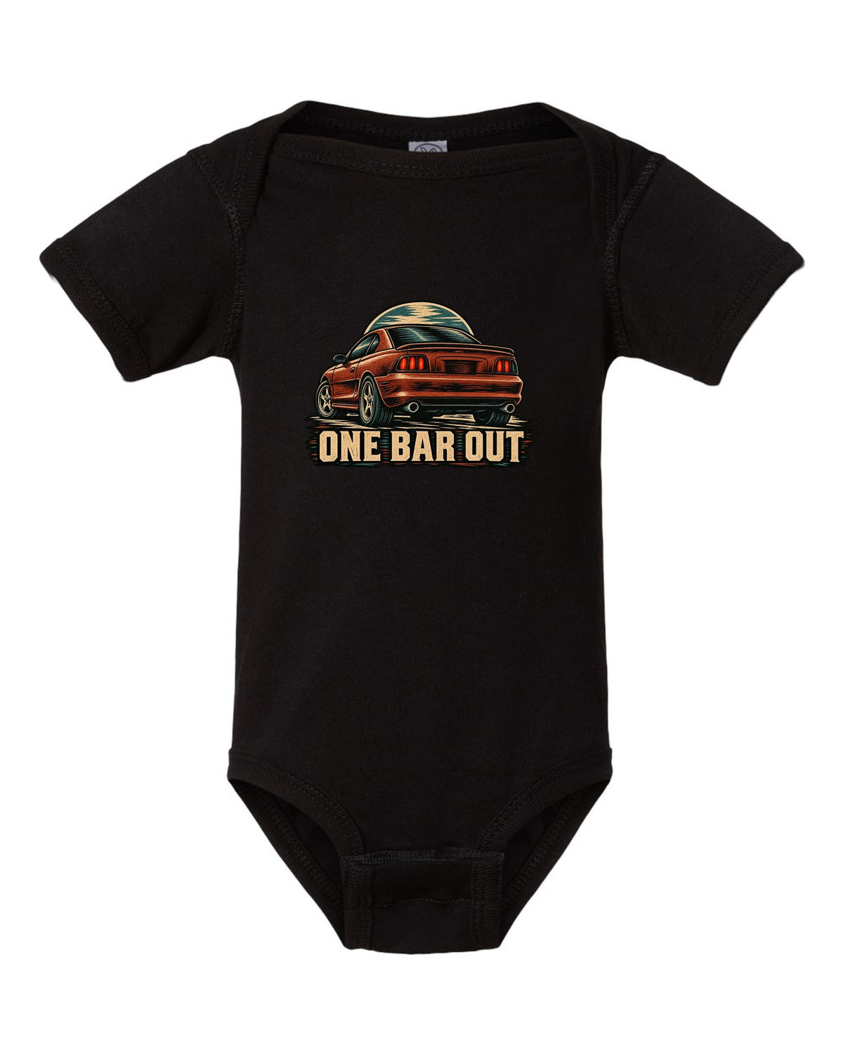 Linocut woodcut print of a 1994-98 SN95 Mustang coupe with One Bar Out text black baby onesie front view with the design