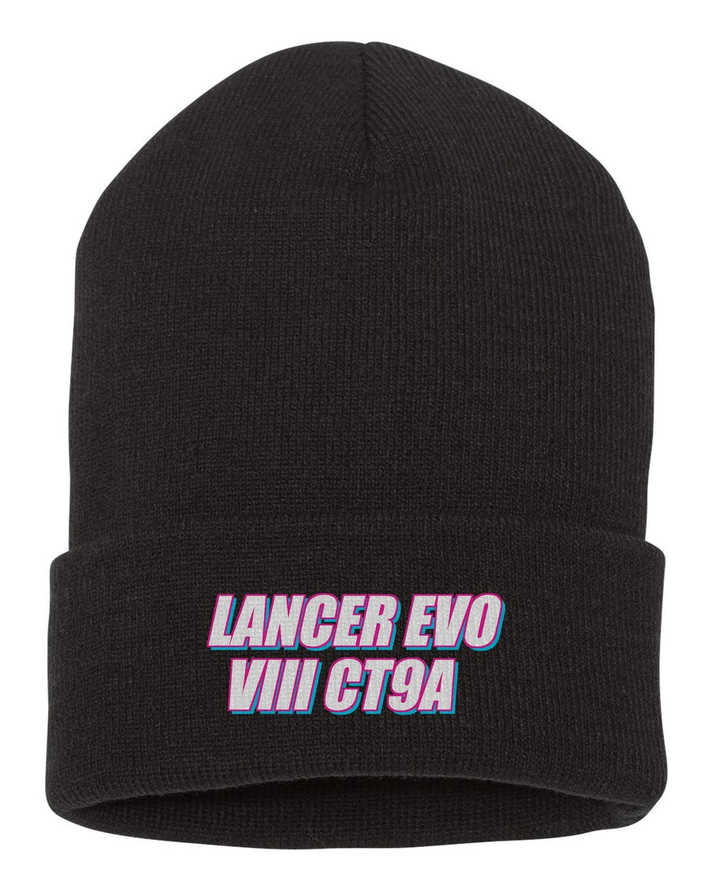 Lancer Evo Viii Ct9A black beanie front view with car name