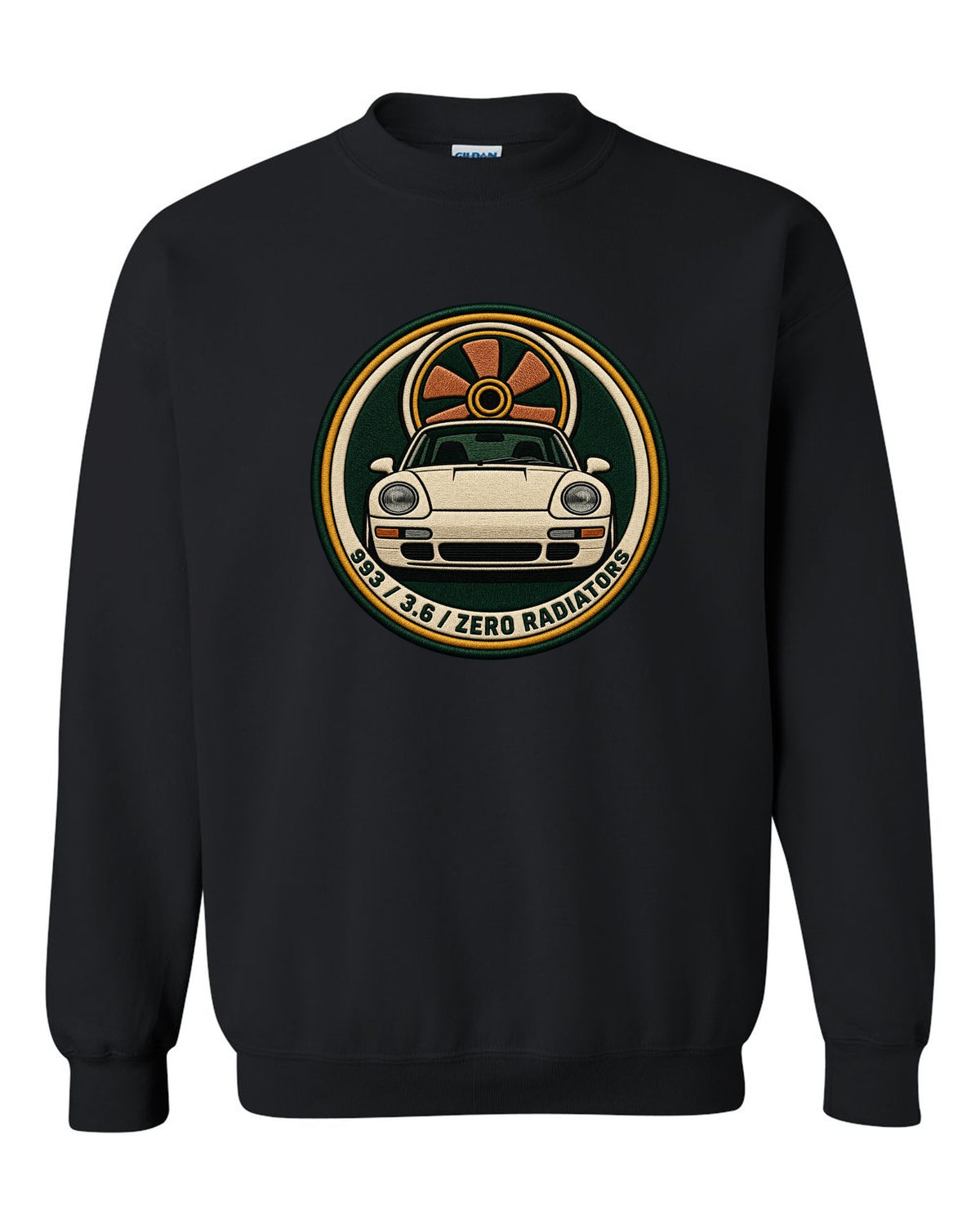 Round crest print of a Porsche 911 993 with the text 993, 3.6 and zero radiators black crewneck front view with the design