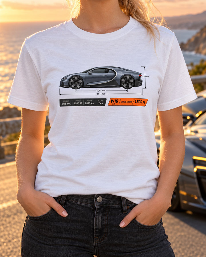Bugatti Chiron W16 Dimension Blueprint Shirt, 1,500 PS Tee T-Shirt White worn hero