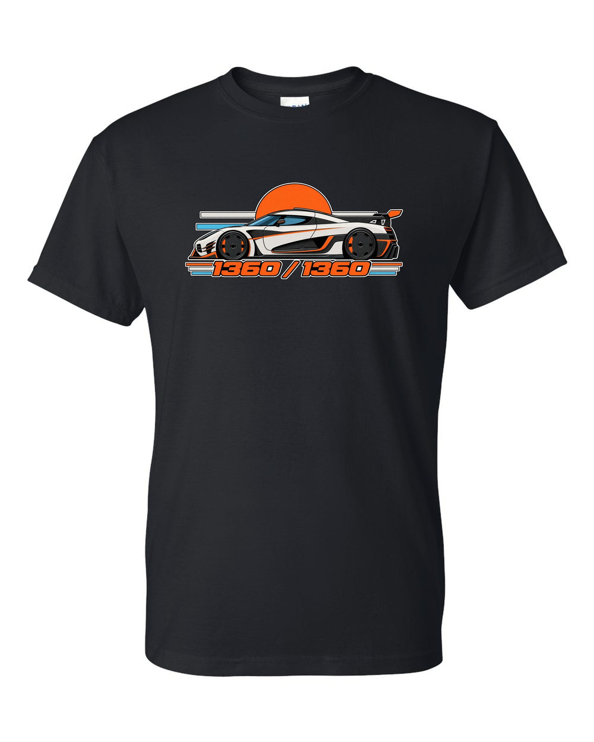 Minimal Swiss grid print for the Koenigsegg One:1 with 1360 over 1360 lettering black t-shirt front view with the design