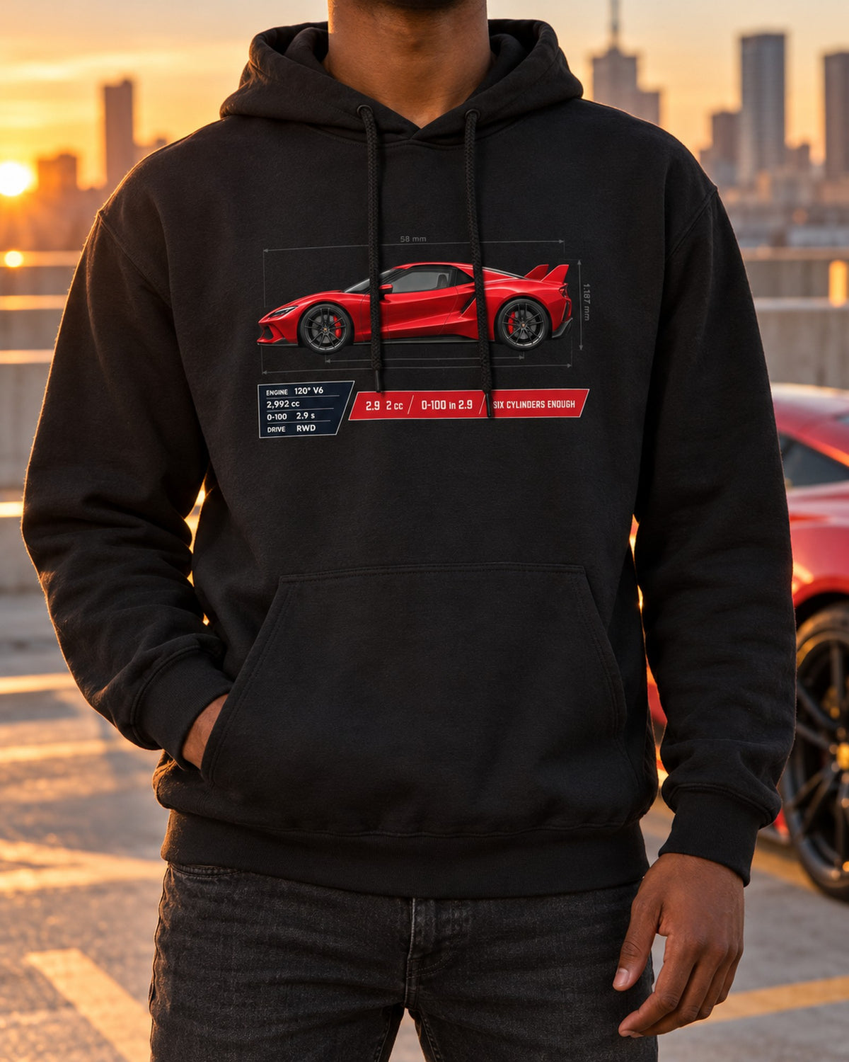 Ferrari 296 GTB Spec Poster Shirt, 2,992 cc Six Cylinders Pull Over Hoodie Black worn hero