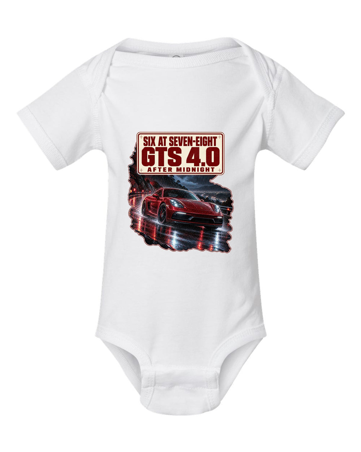 Night street print of a Porsche 718 Cayman GTS 4.0 982 with six at seven-eight text white baby onesie front view with the design