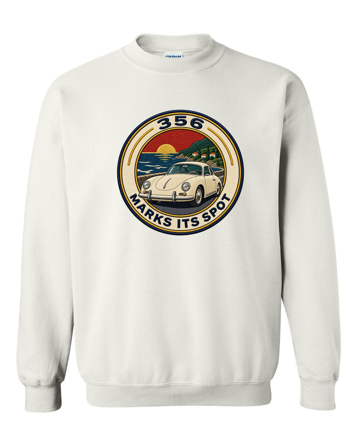 Round varsity crest style illustration of a Porsche 356 A white crewneck front view with the design