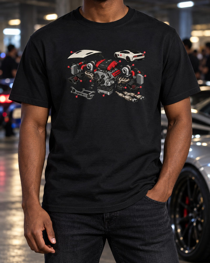 Kia Stinger GT CK Lambda II Twin-Turbo Exploded View Shirt T-Shirt Black worn hero