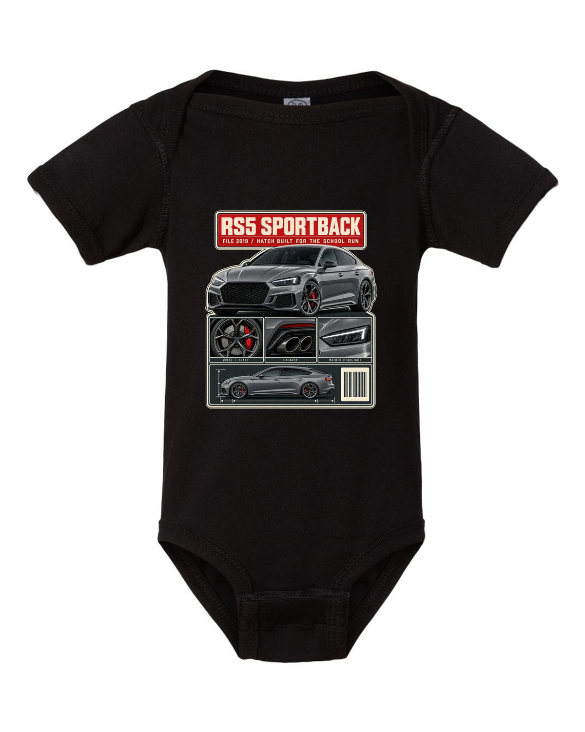 Audi RS5 Sportback B9 dossier panel print design black baby onesie front view with the design