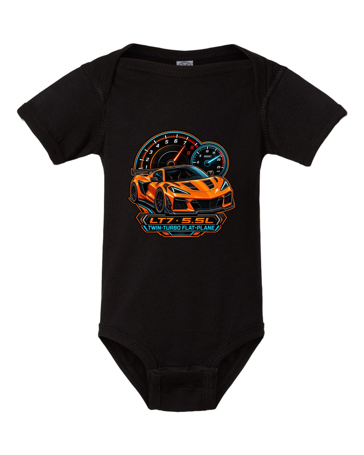 Embroidery-style varsity crest of a 2023 C8 Corvette Z06 with LT7 engine lettering black baby onesie front view with the design