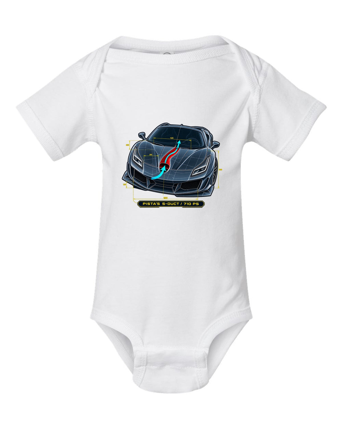 Blueprint line art of the Ferrari F8 Tributo S-duct with Pista reference white baby onesie front view with the design