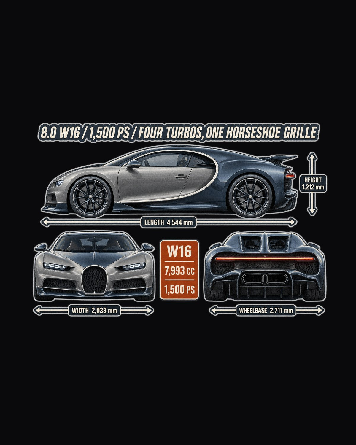 Bugatti Chiron Three-View print Shirt, W16 Hypercar Tee design only