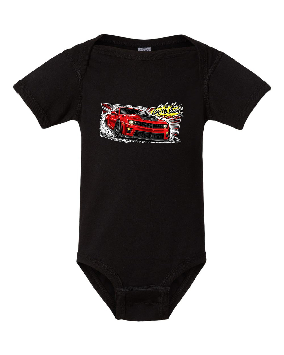 Retro manga panel with speed lines and screentone of a 2012 Chevrolet Camaro ZL1 black baby onesie front view with the design