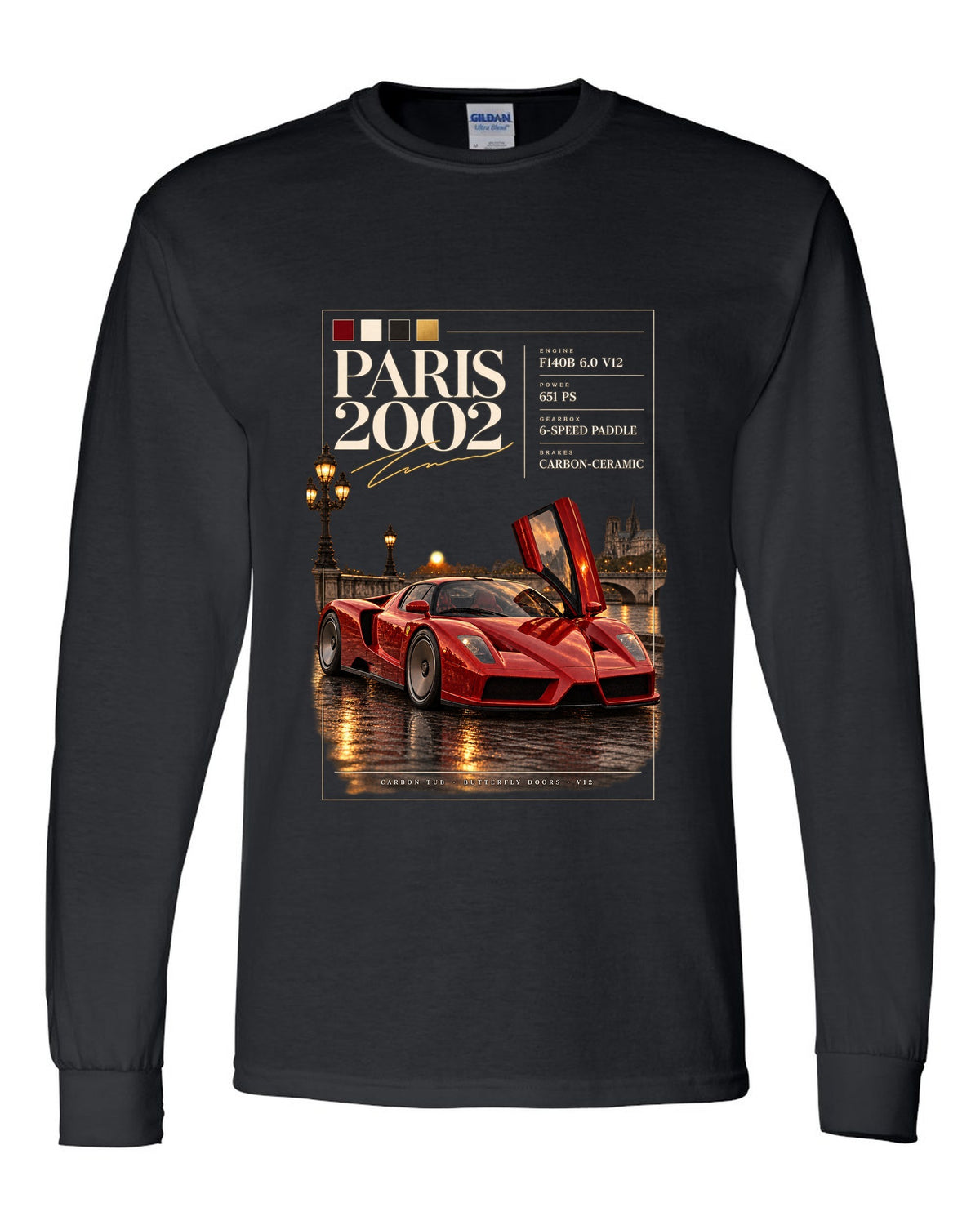 Ferrari Enzo 2002 front three-quarter archive panel print, Paris 2002, F140B V12, 651 PS black long sleeve front view with the design