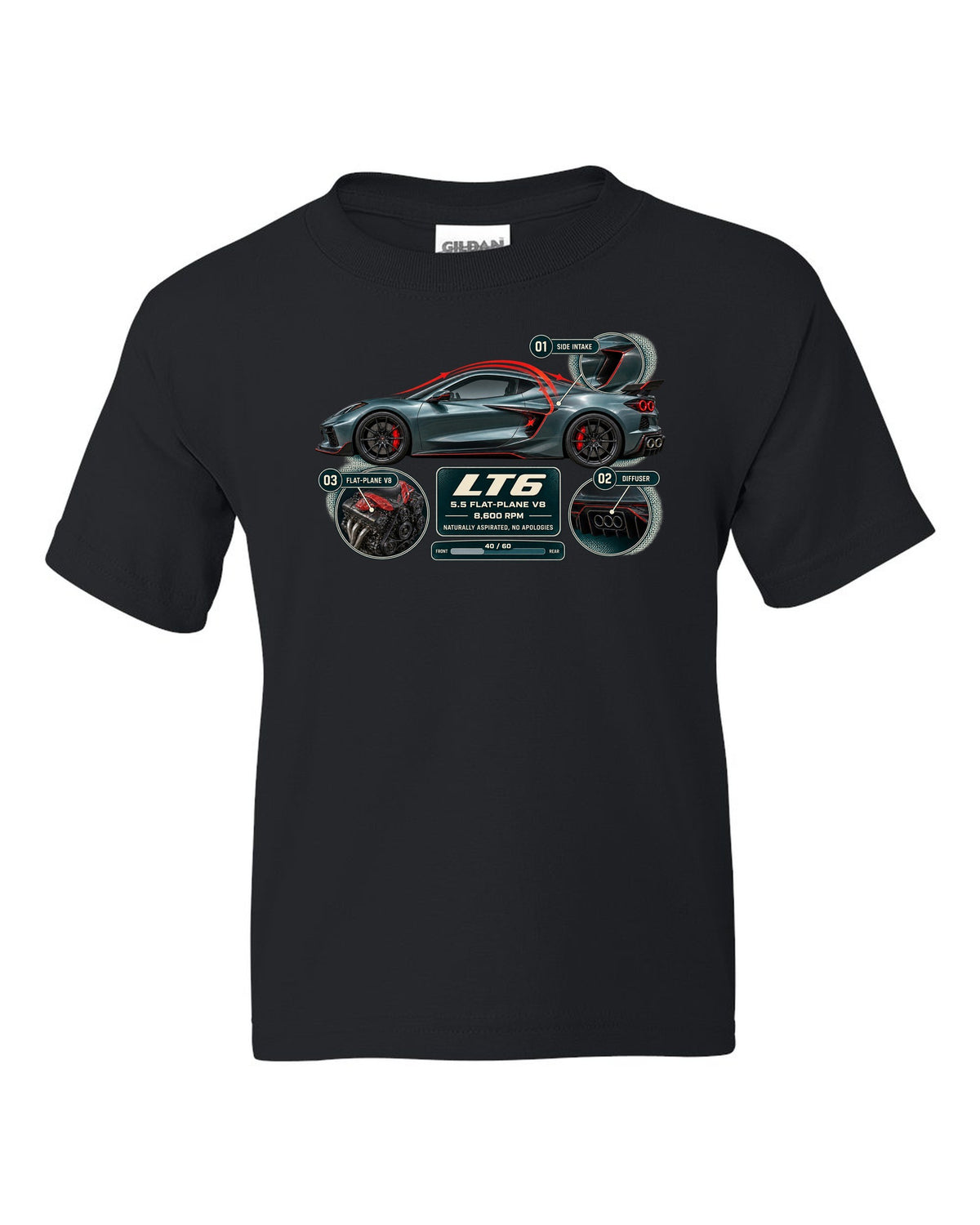 print aero cutaway callouts of a Chevrolet Corvette C8 Z06 in teal-grey black kids tee front view with the design