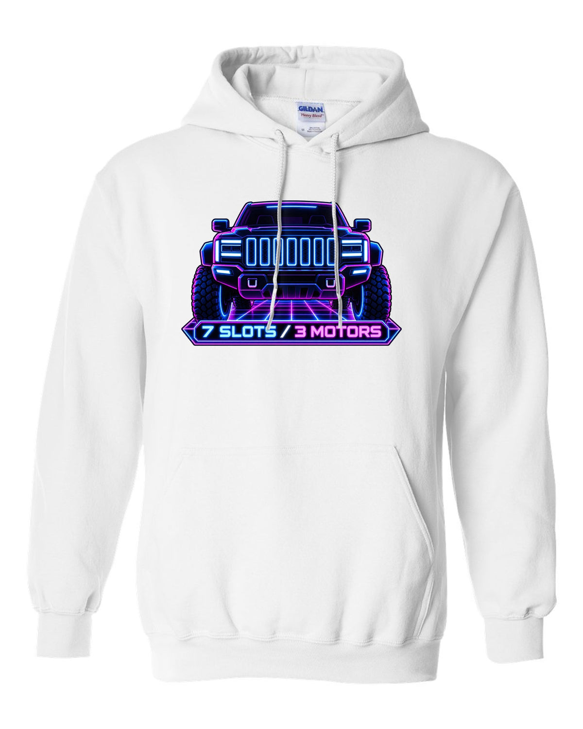GMC Hummer EV neon vector grille panel print with seven slots and three motors white pull over hoodie front view with the design