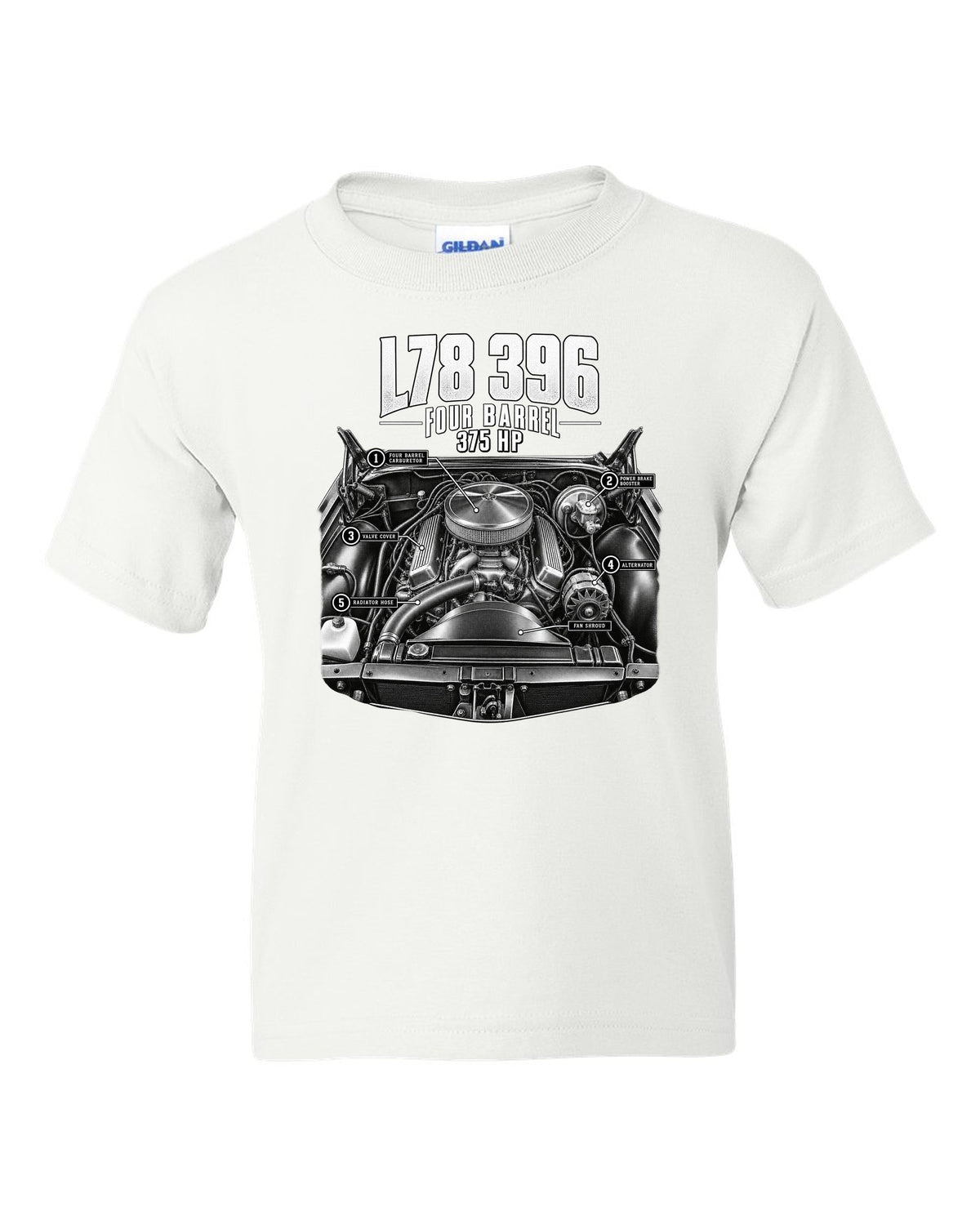 Engine hero print of an L78 396 big block in a 1969 Chevrolet Chevelle SS with 375 hp text white kids tee front view with the design