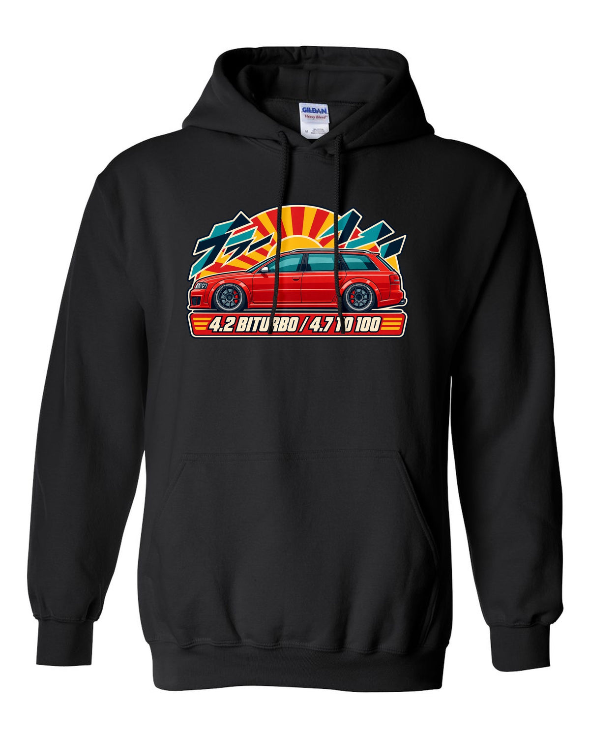 Retro Japanese catalogue ad style print of an Audi RS6 Avant C5 with 4.2 biturbo text black pull over hoodie front view with the design