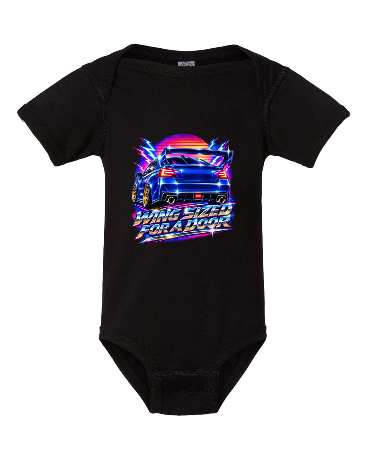 Subaru WRX STI VAB rear in 80s airbrush chrome, WING SIZED / FOR A DOOR black baby onesie front view with the design