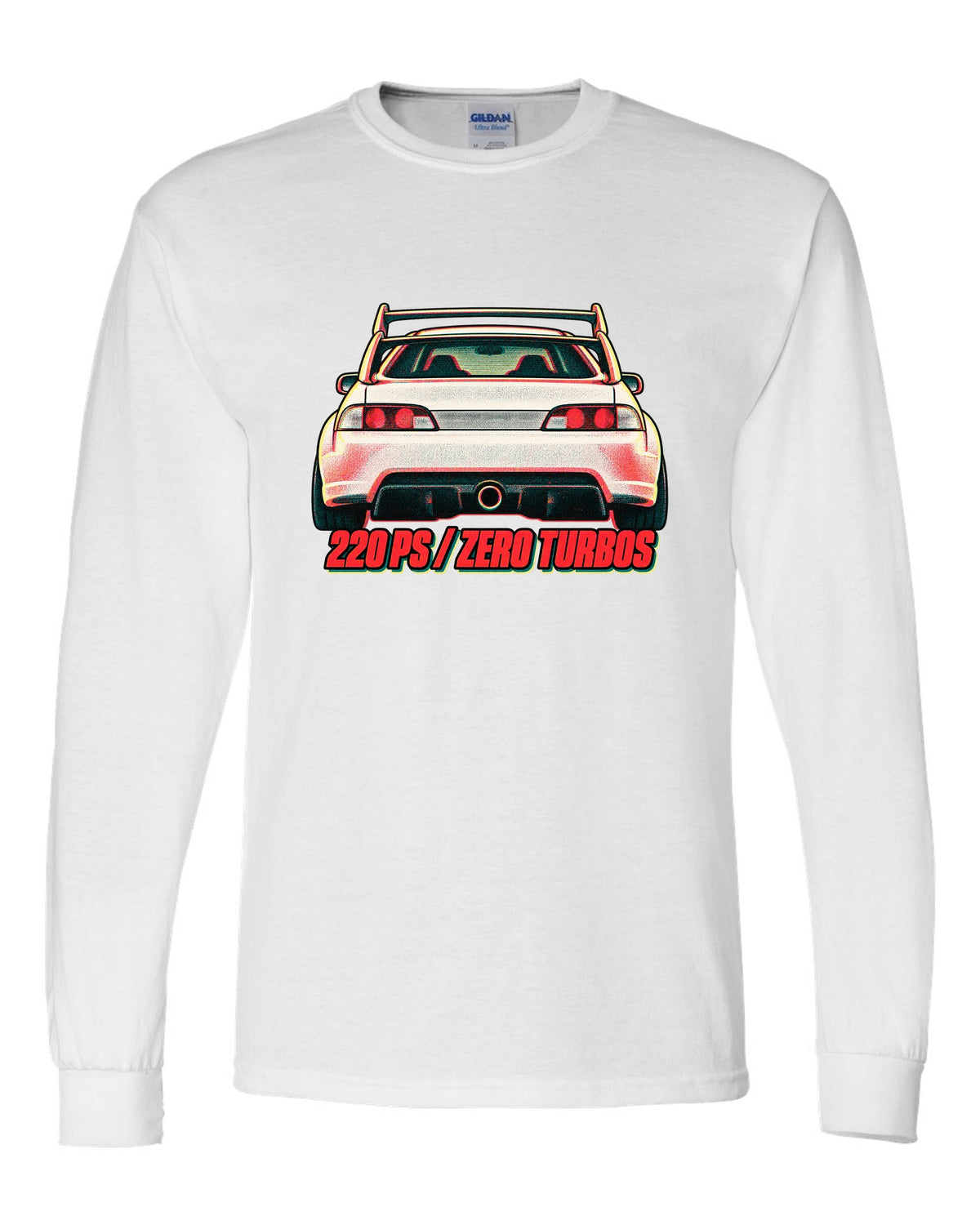 Risograph duotone print of a Honda Integra Type R DC5 with 220 PS zero turbos text white long sleeve front view with the design