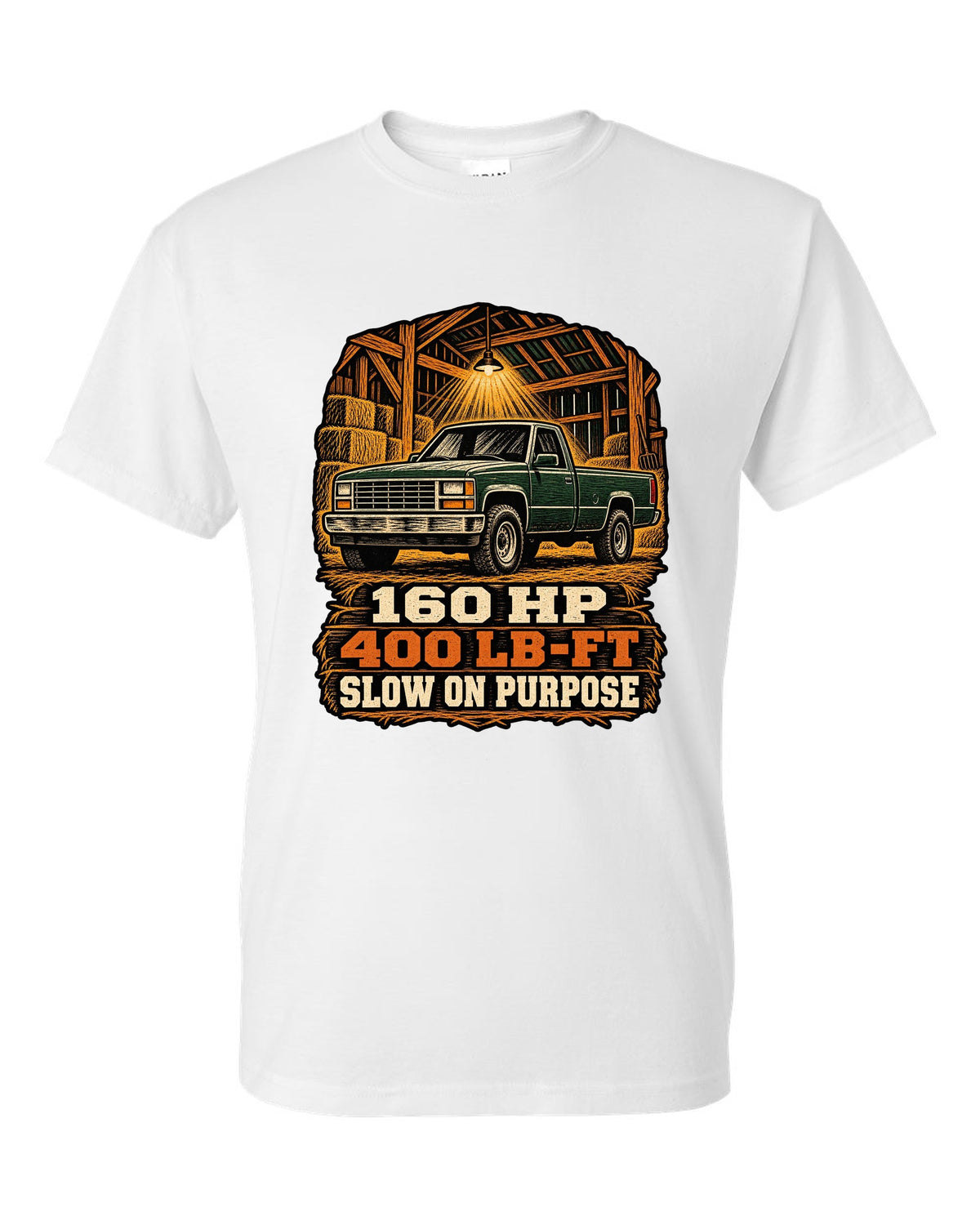 Woodcut style print of a 1989-1993 Dodge Ram D250 Cummins on an oversized shirt white t-shirt front view with the design