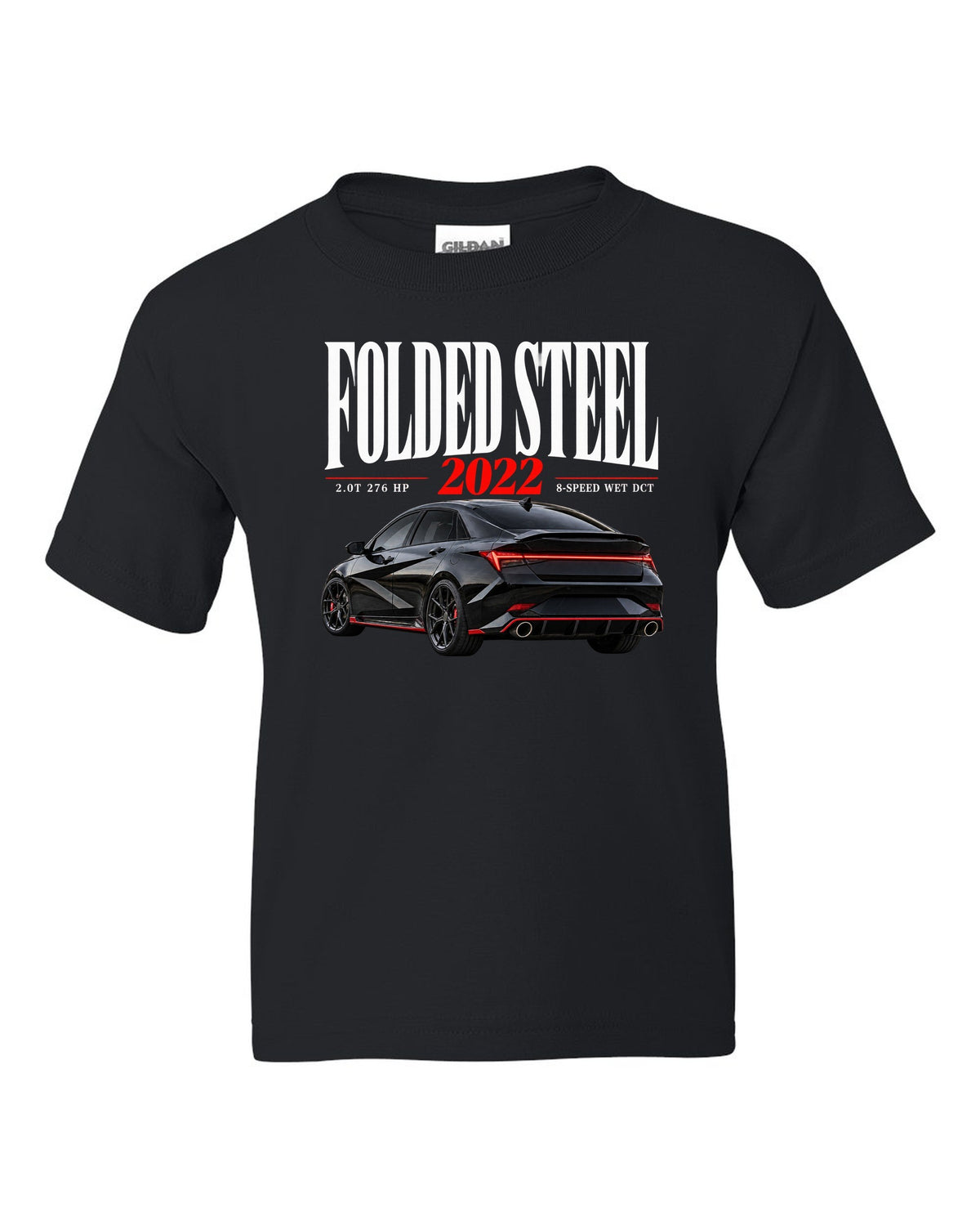 Hyundai Elantra N CN7 editorial headline design with folded steel light bar black kids tee front view with the design