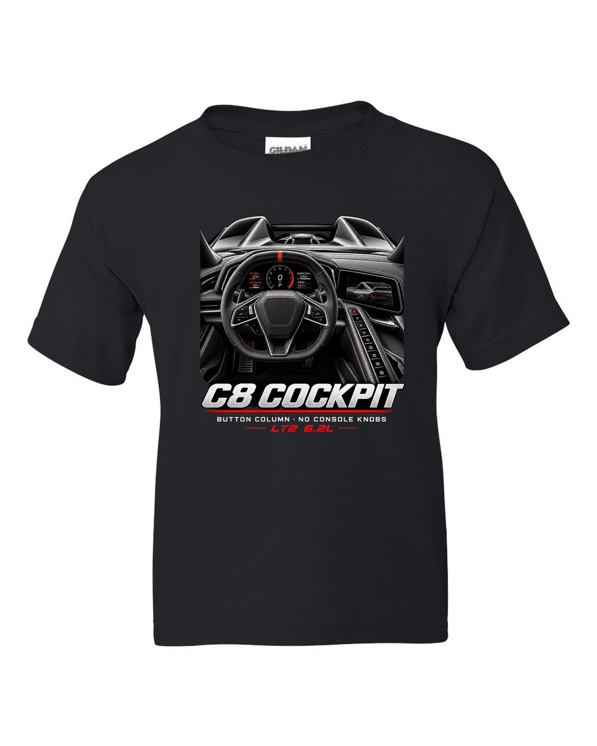 Corvette C8 Stingray 2020 cockpit with button column black kids tee front view with the design