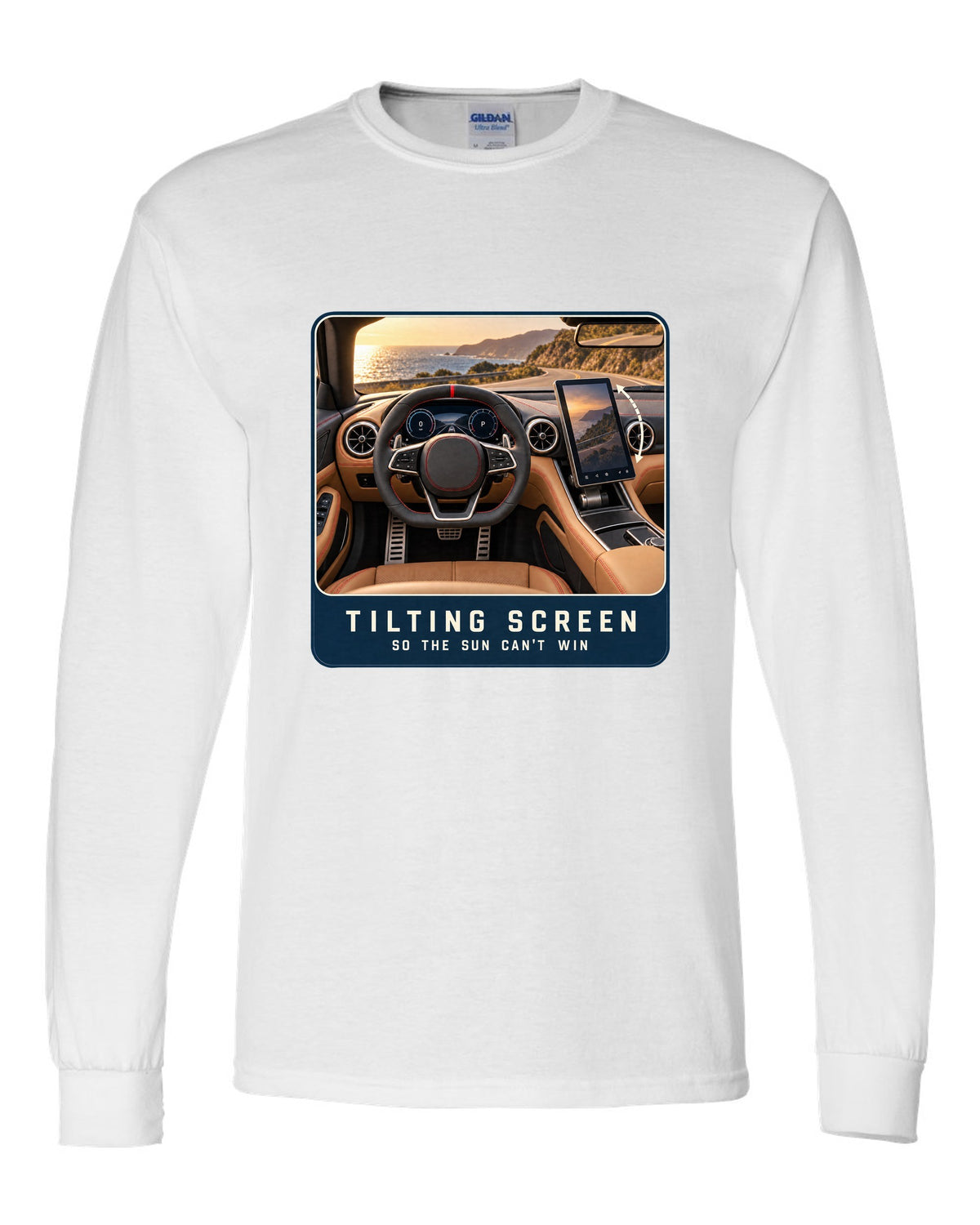 Mercedes-AMG SL63 R232 cockpit driver view with tilting central screen print white long sleeve front view with the design
