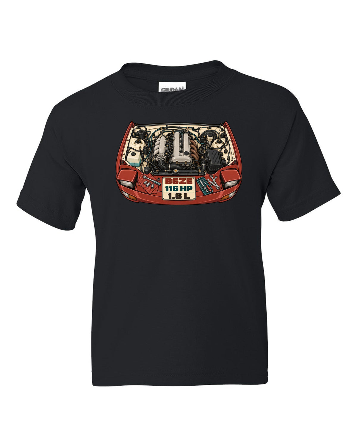 Parts-catalogue illustration of the Mazda MX-5 NA engine bay with B6ZE / 116 HP / 1.6 L lettering black kids tee front view with the design