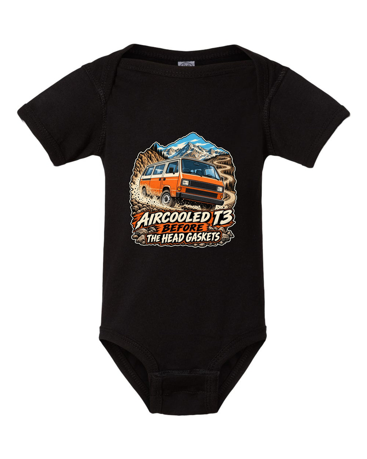 Vintage race poster style VW Vanagon T3 on a dusty pass with aircooled T3 before the head gaskets text black baby onesie front view with the design