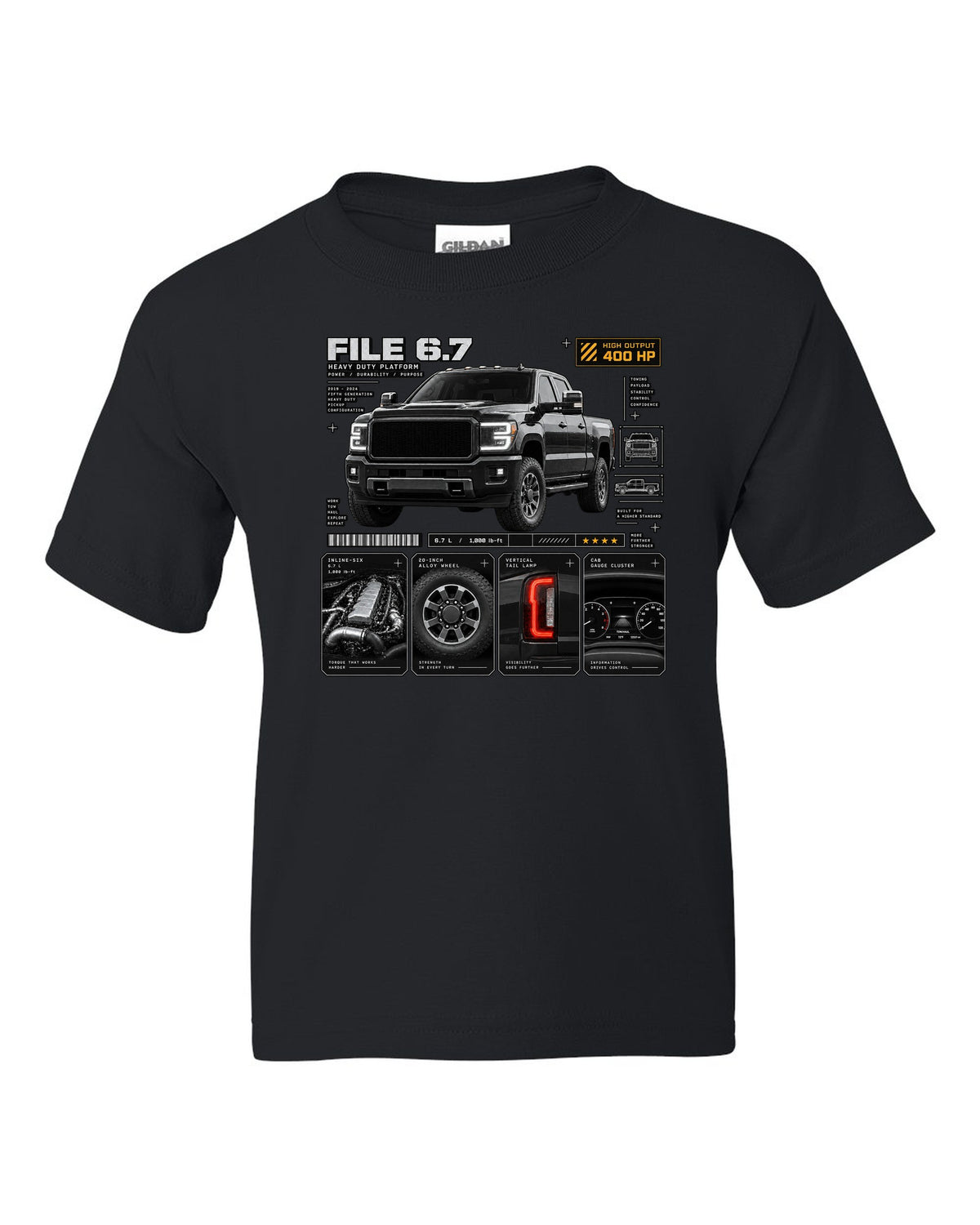 Dossier print of a 2019-24 Ram HD 2500 5th gen in a three-quarter front view black kids tee front view with the design