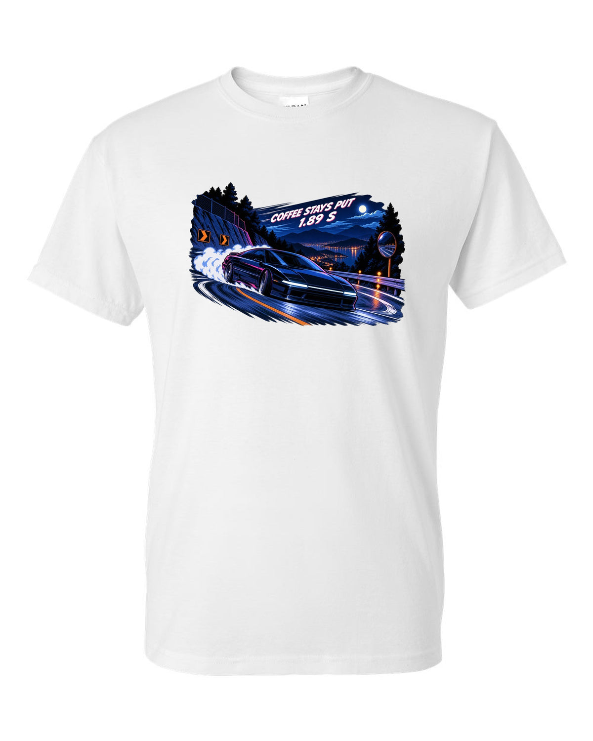 Lucid Air Sapphire cel-shaded 90s anime night touge print with the text coffee stays put 1.89 s white t-shirt front view with the design