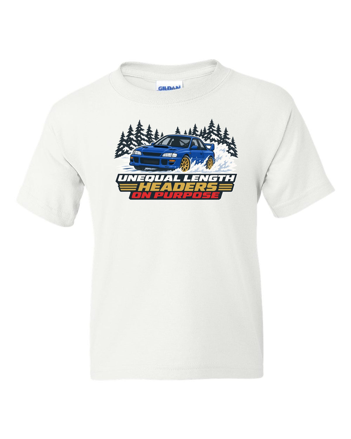 Flat vector print of a Subaru Impreza WRX STI GC8 with unequal length headers on purpose lettering white kids tee front view with the design