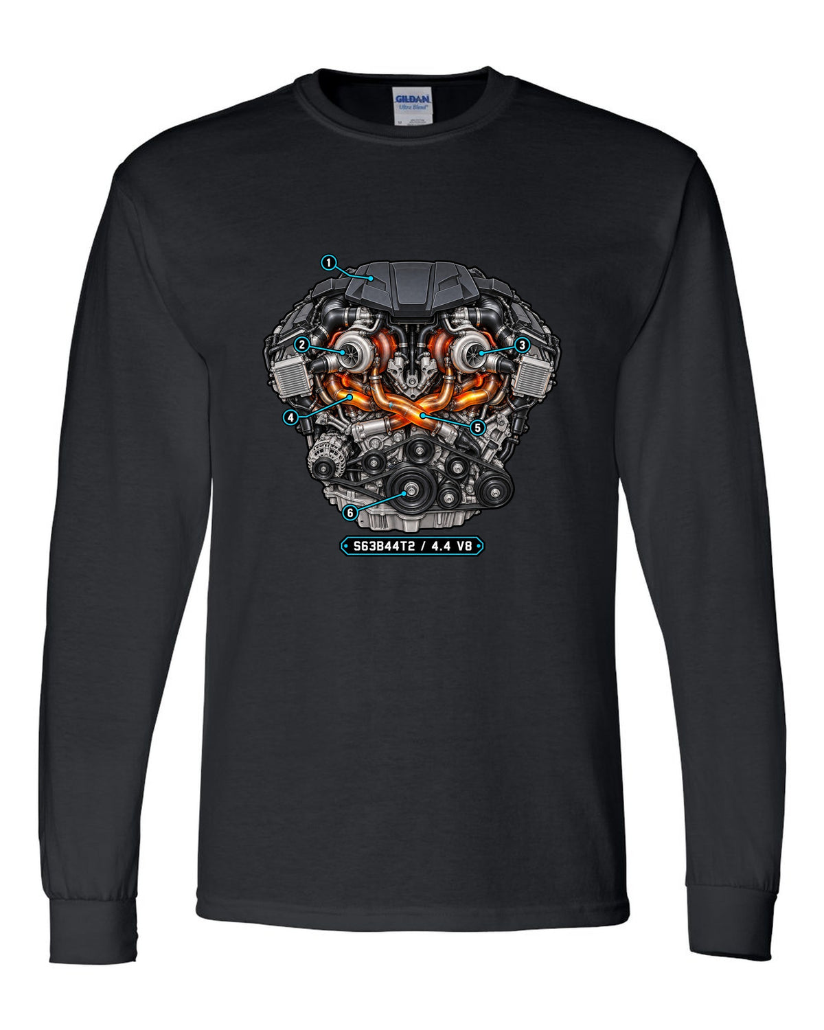 Exploded cutaway engine print of the BMW S63 4.4 V8 from the X5 M F85 black long sleeve front view with the design