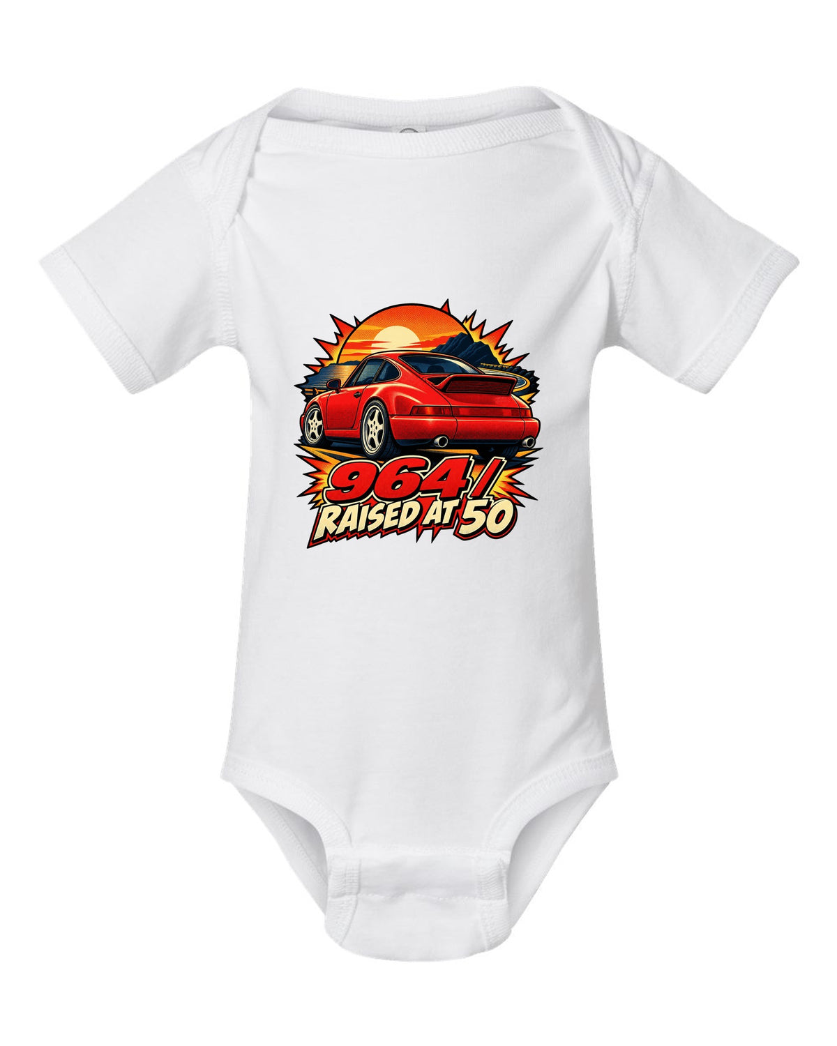 Comic dot-ink illustration of a Porsche 911 Carrera 964 with its spoiler raised white baby onesie front view with the design